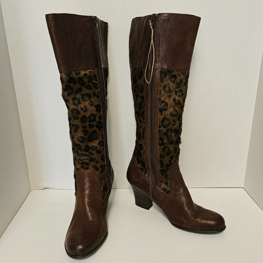 Born Brown Boots Knee High Zip Leopard Print Pony Hair Women Size 9 1/2